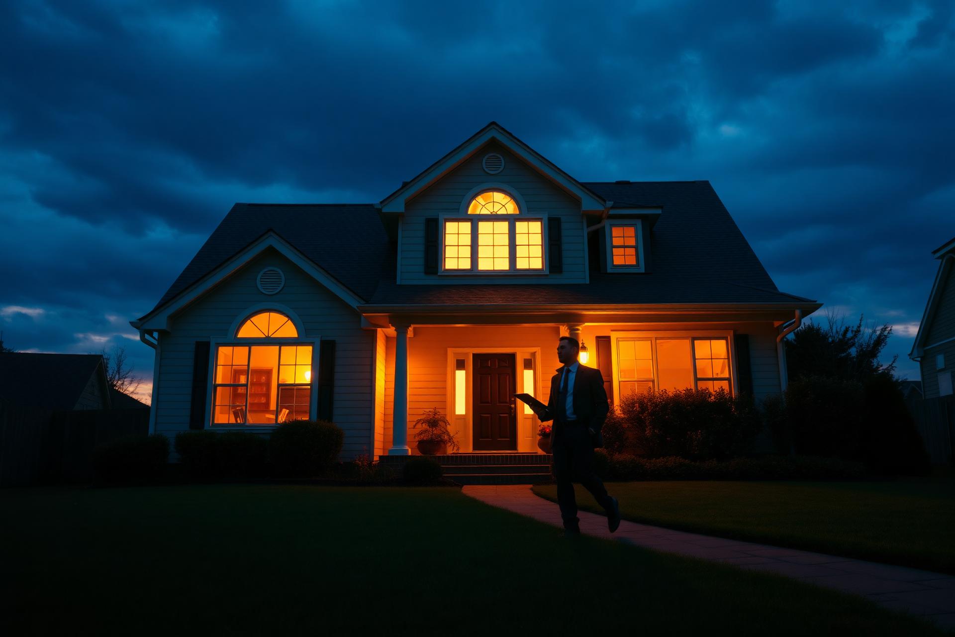 Home at twilight with insurance inspector